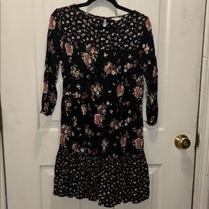 Fat Face Black Dress with Purple and White Floral Pattern